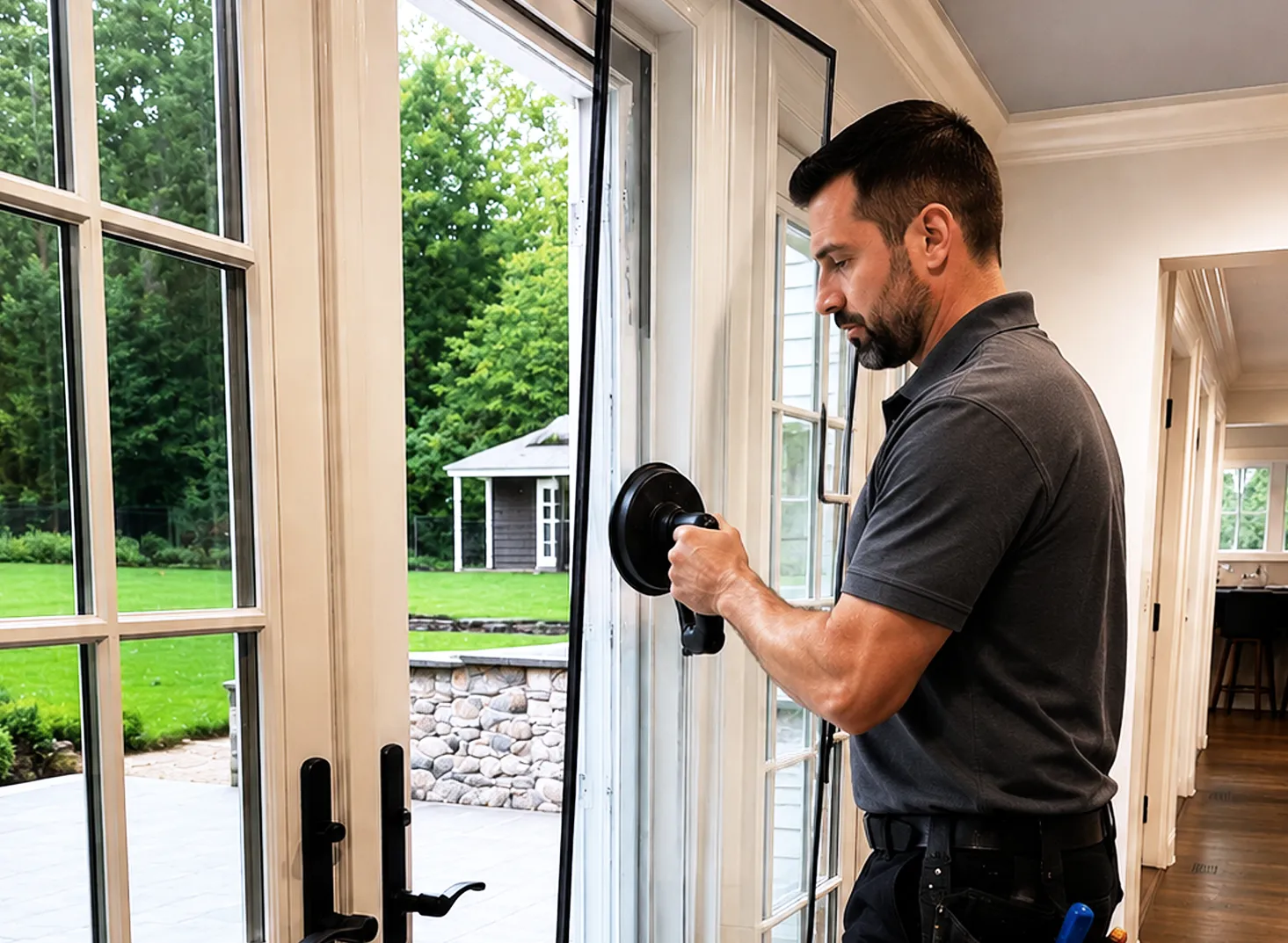 Premier WinDor technician removing a French door glass panel with suction cups