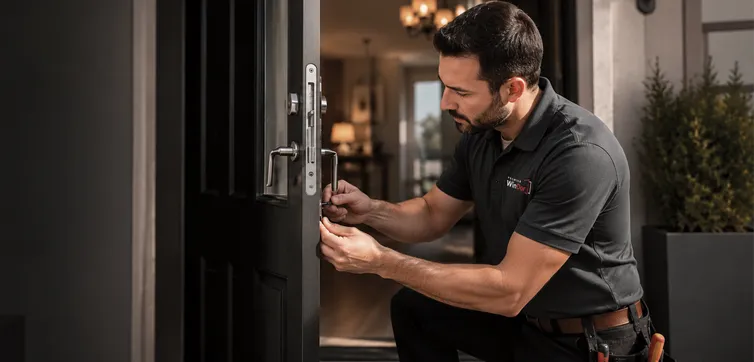 Premier WinDor technician servicing an entry door lock