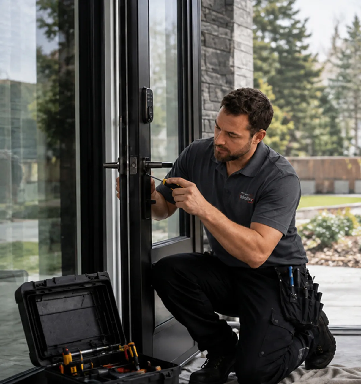 Premier WinDor technician repairing a patio door lock with tools laid out