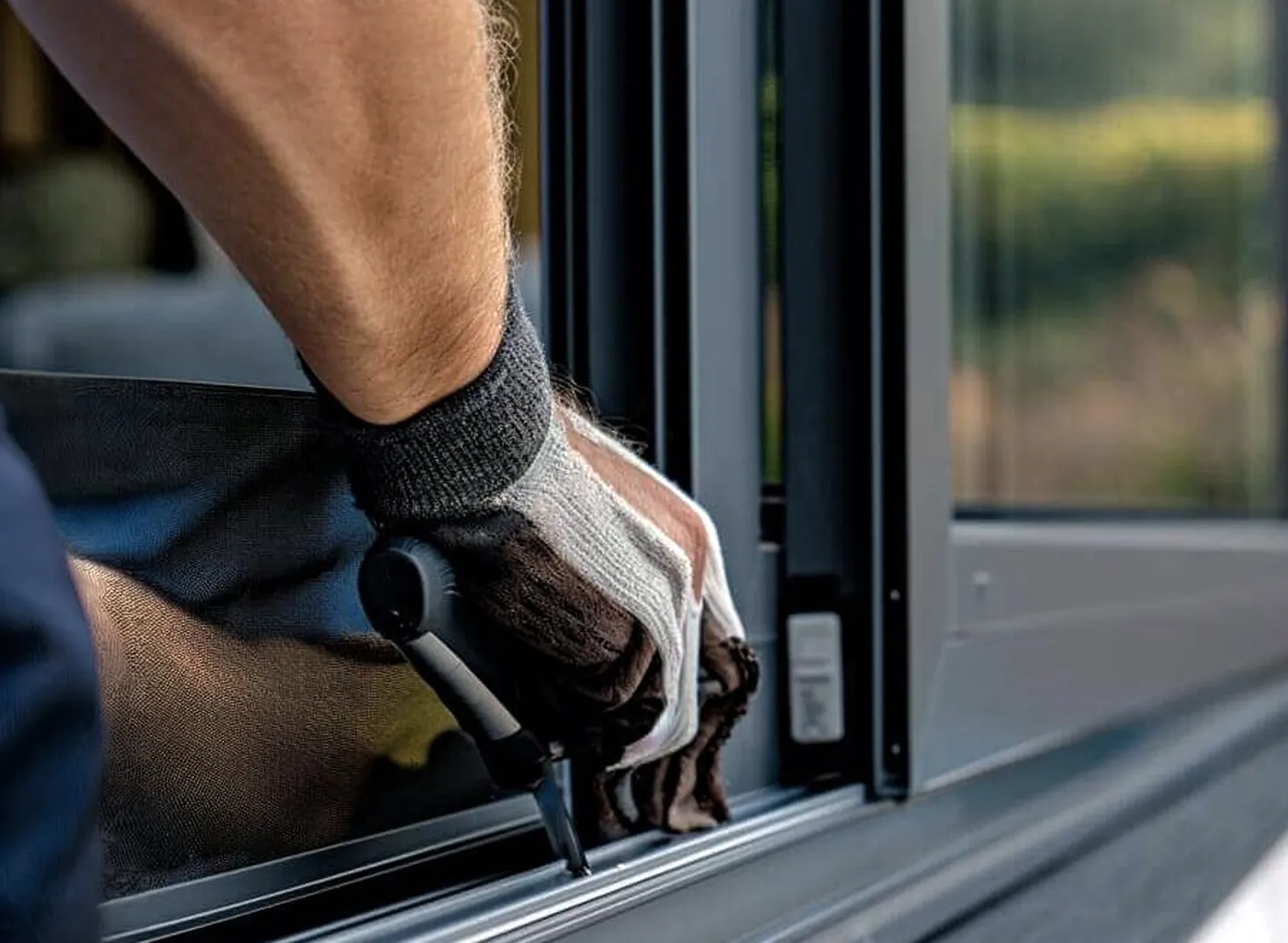 Gloved technician working on a sliding screen door track