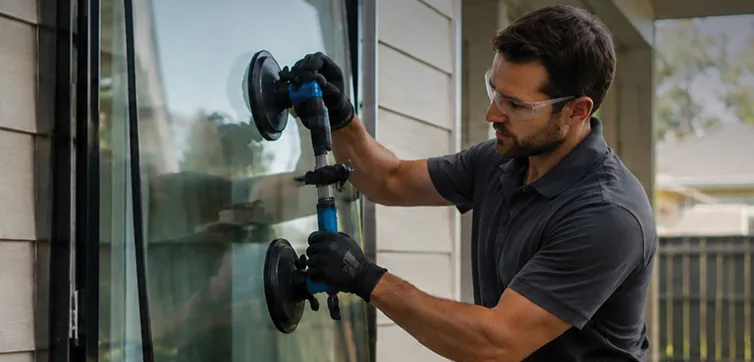 Premier WinDor technician removing window glass with suction cups