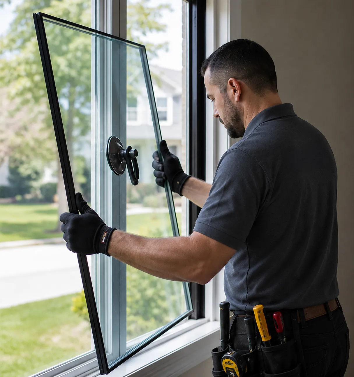 Premier WinDor technician lifting a replacement sealed unit into a window